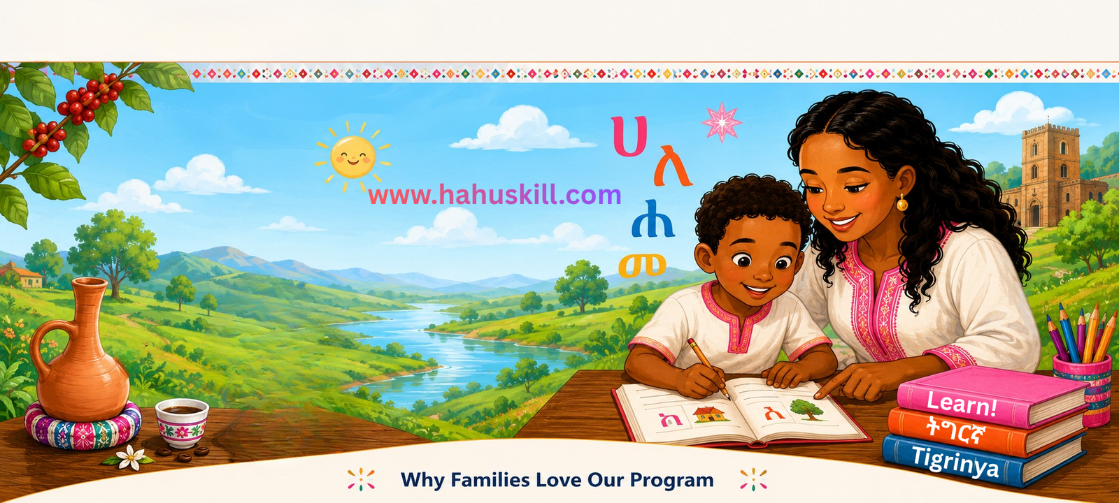 A parent helping a child learn Tigrinya